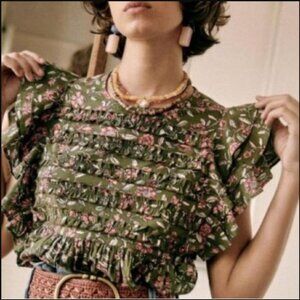 Sezane Melia Blouse, Floral Green, Size 36